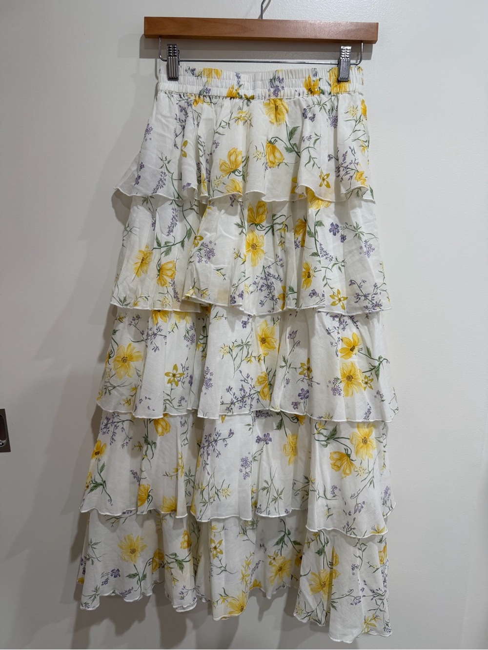 Kivari White Tiered Maxi Skirt with Yellow & Lavender Floral Print